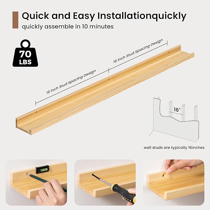 Picture Ledge Shelf, Solid Pine Wood Floating Shelves Set of 2, 40 Inches Nursery Book Shelves for Toys Storage, Kids Bookshelf Wall Mounted for Living Room Bedroom Decor Books Photo Frames, Natural