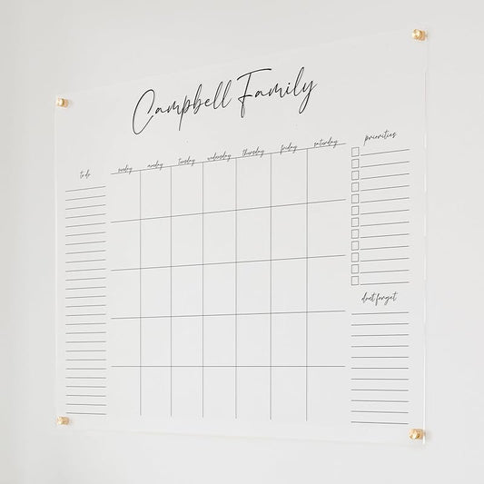 Personalized Clear Acrylic Calendar for Wall, Calendar Whiteboard for Wall, Dry Erase Wall Calendar, Wall Calendar Organizer System for Home (Cursive, Black, 47.5"W x 36"H)