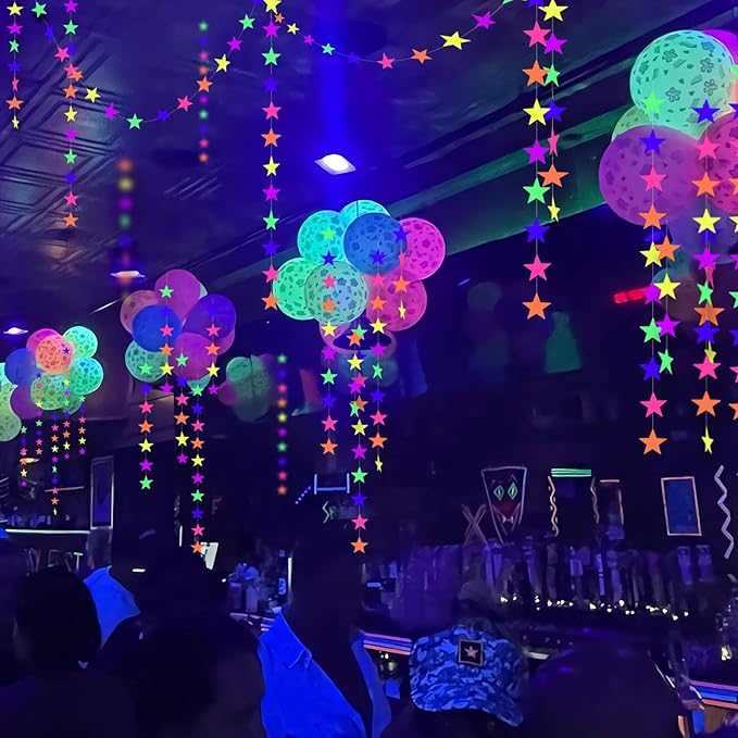 108feet UV Neon Paper Star Garland Glow in The Dark Streamers for neon Party Supplies UV Fluorescent Reactive Paper Star Banner for Wedding Birthday Glow in The Dark Party Favors Neon Party Decor…