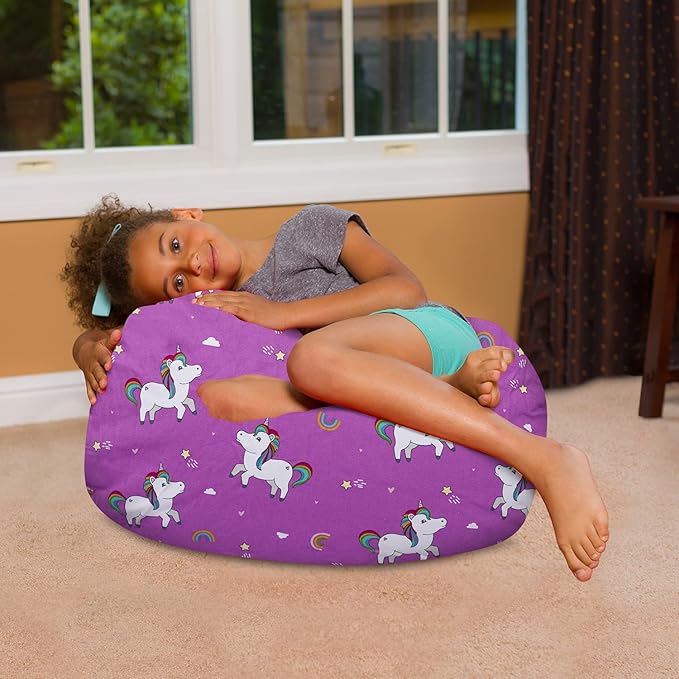 Posh Creations Bean Bag Chair for Kids, Teens, and Adults Includes Removable and Machine Washable Cover, 27in - Medium, Canvas Unicorn and Rainbows on Purple