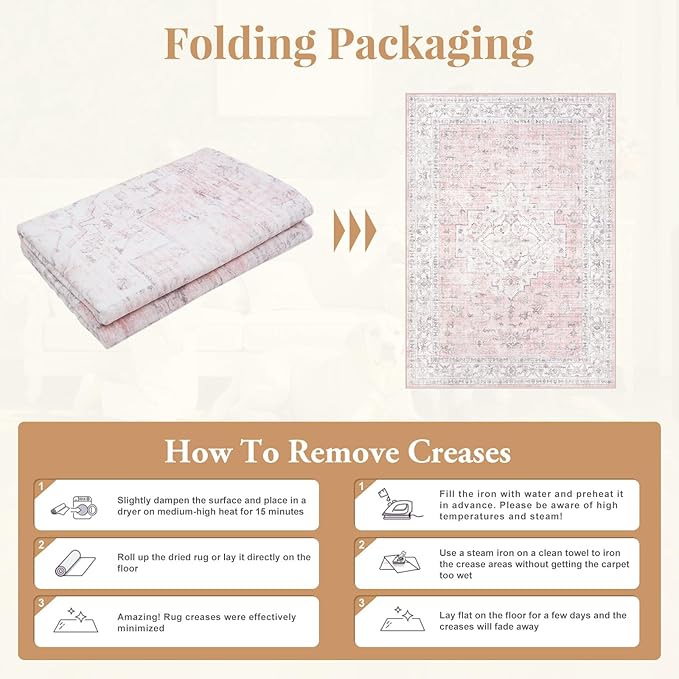 LIVEBOX Pink 10x14 Area Rug for Bedroom Girls, Boho Washable Rugs for Living Room Nursery, Non-Slip Indoor Soft Carpet Low-Pile Farmhouse Carpets for Dining Room Kids Playroom, Pink