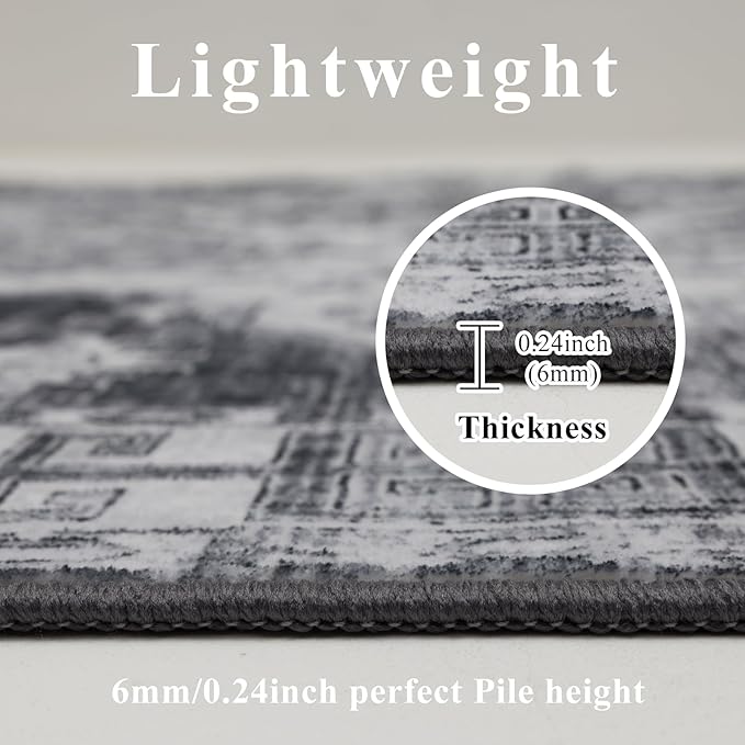 Washable Area Rugs 8x10, Large Rugs for Living Room, Carpet for Bedroom, Soft Faux Wool Retro Dining Room Rug, Non-Slip Backing Resistant Low Pile Vintage Print Rug for Home Office (Medium Gray)