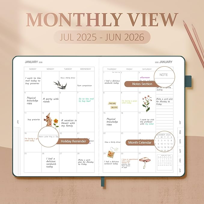 Planner 2025-2026, Academic Linen 2025-2026 Monthly Planner July 2025 to June 2026, Weekly & Daily Organizer with Tabs, Note Pages, Hardcover 5.65" x 8.15"- Ideal for School, Work & Productivity-Green