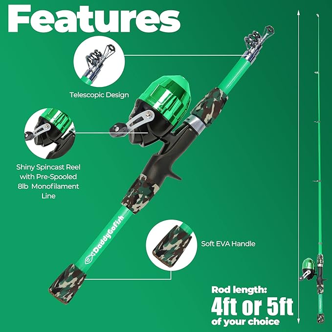 DaddyGoFish Kids Fishing Pole - Rod Reel Combo Tackle Box Starter Set - First Year Small Gear Kit for Boys Girls Toddler Youth Age Beginner Little Children
