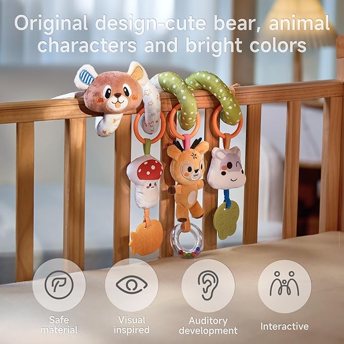 TUMAMA Baby Activity Toy Cute Bear Spiral Toy with Hanging Toys, Clips Detachable Sensory Stimulating Baby Toys 0-3 3-6 Months for Newborn Strollers Bassinets Crib Carseat