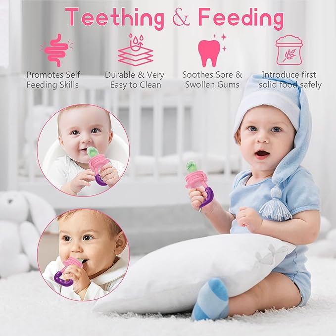 WAJIAYON Baby Fruit Feeder Pacifier | Infant Food Feeder Pacifier & Food Dispensing Spoon | Mesh Fresh Fruit Teethers for Babies | Silicone Feeder Baby Shower Gifts for Boys and Girls (Pink)