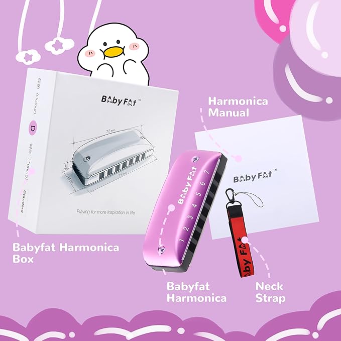 BabyFat 7 Hole Blues Mini Harmonica Set,Diatonic Harmonica with free lanyards,Gifts for Professional Players and Beginners,Easy-playing Musical Instrument(Key of D）