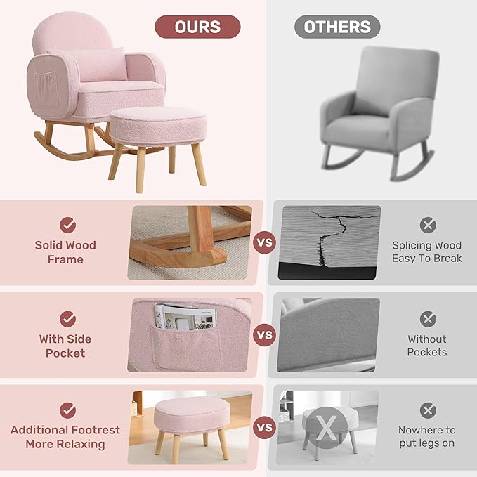 Rocking Chair Nursery with Ottoman, Upholstered Glider Rocker with High Backrest and Side Pocket, Rocking Accent Armchair with Solid Wood Legs for Nursery/Living Room/Bedroom Pink