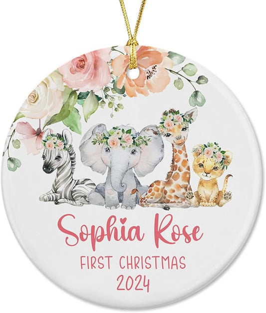 Unifury Personalized Baby First Christmas Ornament 2024, Keepsake for Babies First Christmas Tree, Holiday Decor for Celebrating Ceramic Babys 1st Christmas Ornament 2024, Safari Animal Floral