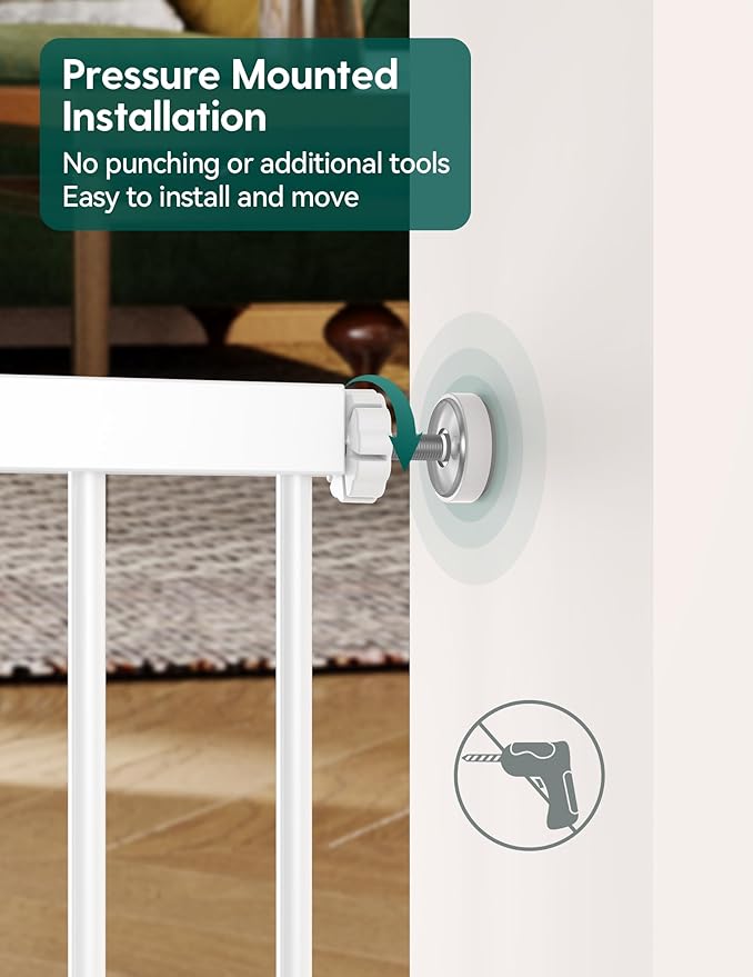 Babelio Baby Gate with Adjustable Cat Door,29-43" Auto Close Durable Pet door for Stairs,Doorways and House,Pressure Mounted,Easy Install,Effortless Walk Thru,White