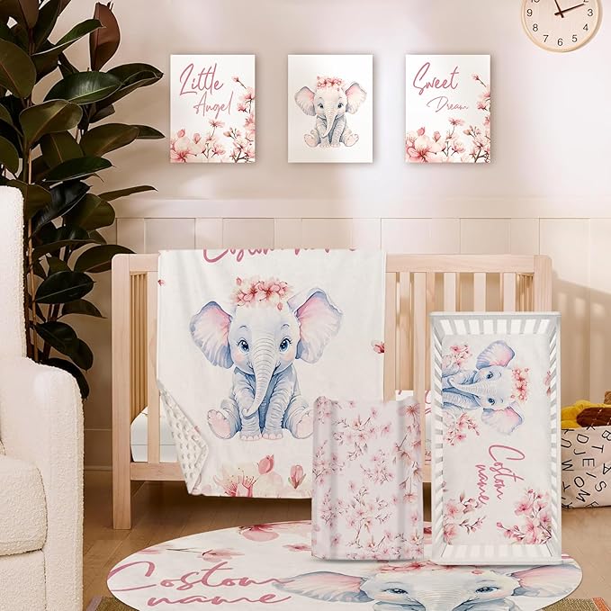 Personalized Nursery Crib Bedding Set: Custom Name 5 Piece Baby Crib Sets with Pink Flower and Elephant Pattern - Toddler Double Layer Blanket Set, Comfortable Crib Bed Sheets for Baby Grils