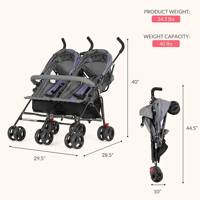 Dream On Me Volgo Twin Umbrella Stroller in Purple, Lightweight Double Stroller for Infant & Toddler, Compact Easy Fold, Large Storage Basket, Large and Adjustable Canopy