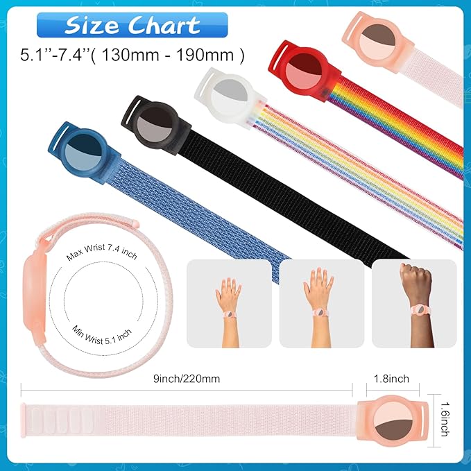Waterproof Air Tag Bracelet for Kids (2 Pack), Soft Nylon Hidden Air Tag Wristband Full Cover Lightweight GPS Tracker Holder Compatible with Apple AirTag Band for Toddler Child (Black & Pink)