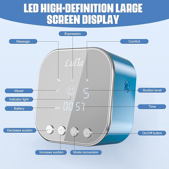 Double Electric Breast Pump Strong Suction, Portable Breast Pump Electric Breastfeeding Pump, Rechargeable Milk Pump with 4 Modes & 9 Levels, Low Noise, Anti-Backflow & LED Display, 24mm Flange, Blue