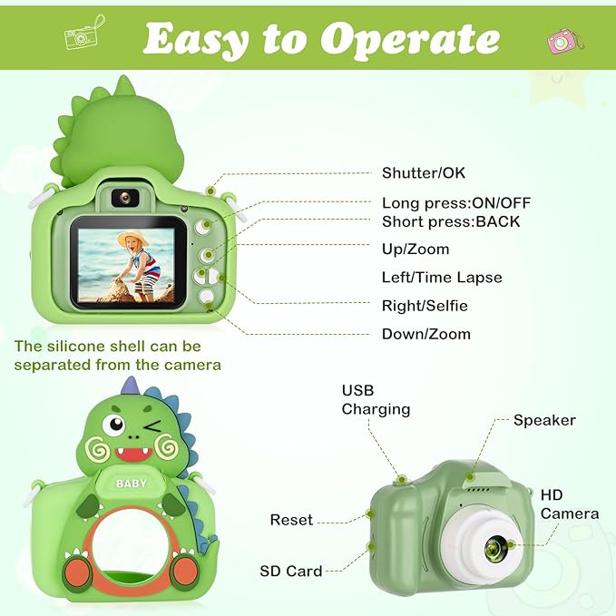 Kids Camera,HD Digital Video Camera,Childrens Toys for 3 4 5 6 7 8 9 Year Old Boys/Girls,Selfie Camera for Kids,Christmas Birthday Gifts with 32GB SD Card (Dinosaur Green)