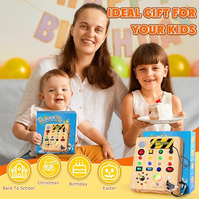 Busy Board with LED Light, Wooden Sensory Toys for Toddler, Montessori Music Toy for Airplane, Travel Activity Educational Learning Autism Toys, Birthday Boys Girls Gifts