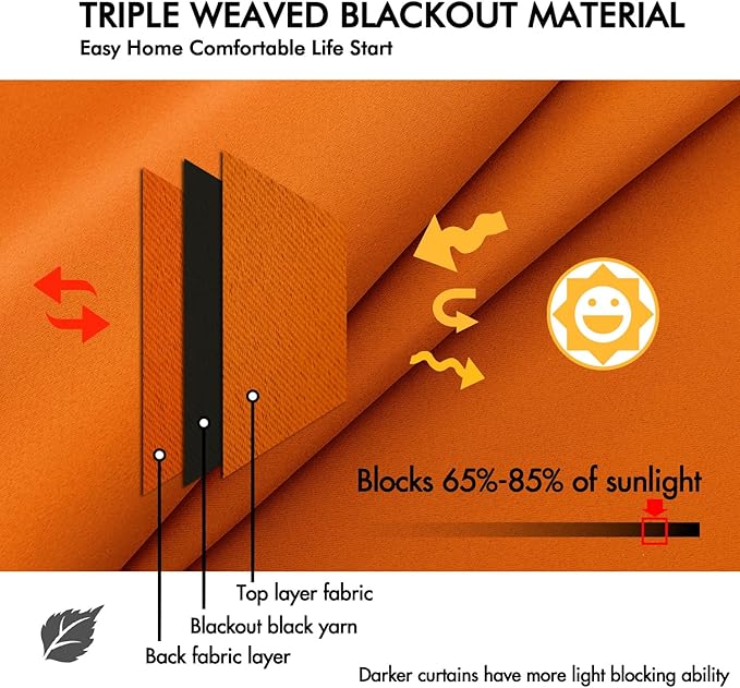ANRODUO Back Tab Blackout Curtains for Bedroom Living Room, Rod Pocket Pinch Pleated Thermal Insulated Room Darkening Curtains 96 Inches Long 2 Panels, Orange, 42 x 96 Inch