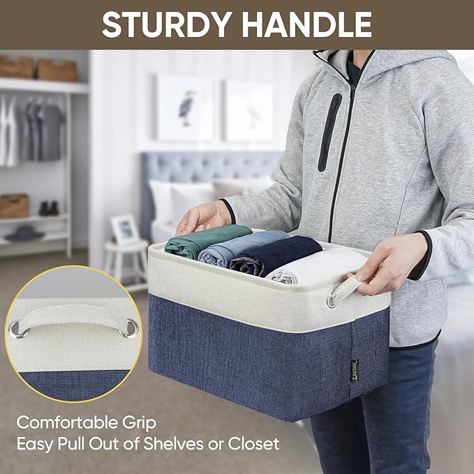 BALEINE 2 Pack Fabric Storage Bins for Shelves, Linen Storage Baskets for Organizing, Decorative Closet Bins for Clothes, Home (Navy Blue, 15"x11"x9.5") ﻿
