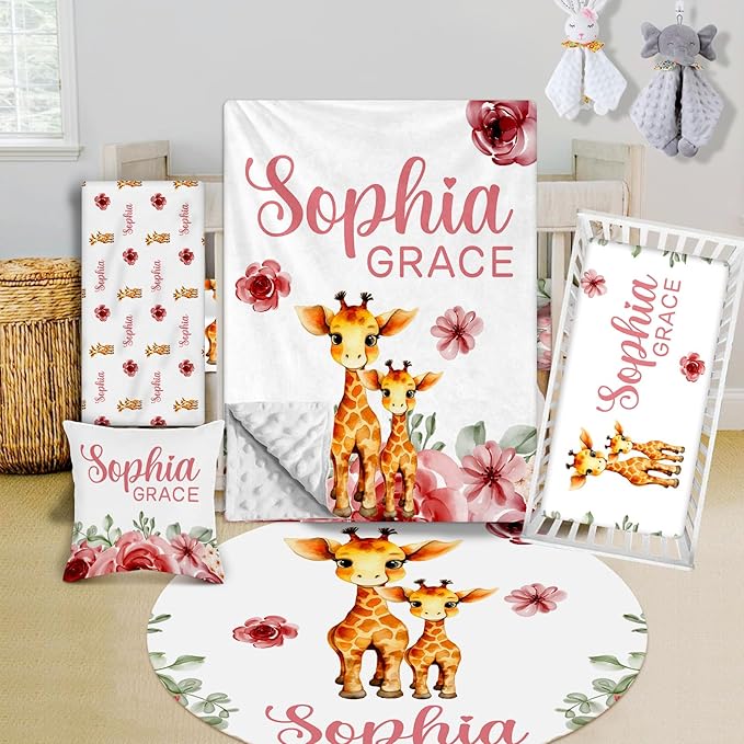 Custom Crib Bedding Set - Giraffe Design Personalized Name Baby Nursery Bed 3 Pcs Set - Chic Soft Blanket with Dotted Backing, Sheet, Pillowcase for Newborn Girls Boys Gifts Color20