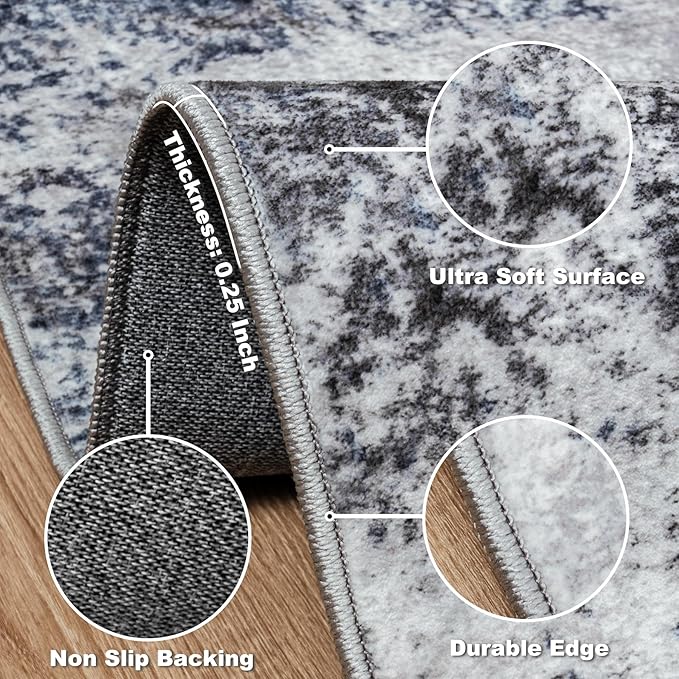 Area Rug 9x12 Washable Rugs: Abstract Large Living Room Rugs with Non-Slip Backing, Stain Resistant Indoor Floor Carpet for Bedroom Dining Room Table Nursery Hallway Home Office Blue/Gray/Black