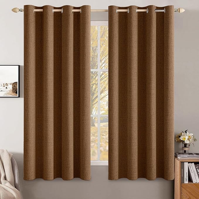 MIULEE Linen Curtains for Bedroom 100% Blackout Thermal Insulated Brown Grommet Room Darkening Curtains & Drapes Fall Decor for Living Room Nursery 52 x 54 Inch (2 Panels)