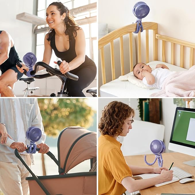 Momcozy Portable Stroller Fan, 8000mAh, 27H Ultra-long Battery Life, Detachable 4 Speed 360°Rotate, LED Night Light with 2 Modes, USB Rechargeable Handheld Cooling Fan for Travel, Car Seat, Bedroom
