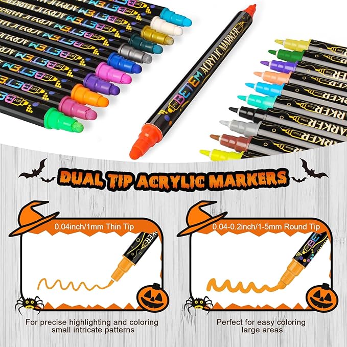 Betem 24 Colors Dual Tip Acrylic Paint Pens Markers, Premium Acrylic Paint Pens for Halloween Decorations, Wood, Canvas, Stone, Rock Painting, Glass, Ceramic Surfaces, Pumpkin Painting Kit DIY Crafts