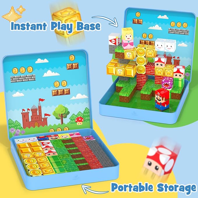 49PCS Mini Magnetic Tiles Travel Toys for Kids Ages 4-8, Magnetic Building Blocks Adventure Set with Portable Iron Storage Box & Play Base, STEM Learning Activities for Toddlers 3-5
