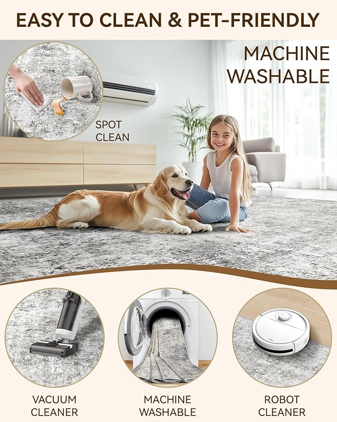 Washable Area Rugs 6'x9' Non-Slip Modern Abstract Soft for Living Room Entryway Bedroom Nursery, Print Pattern, Gray White Grey