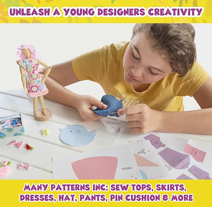 Fashion Designer Kits for Girls Ages 8+ Beginners Learn About Patterns, Draft & Re-Design Patterns, Sew & Be A Fashion Designer for The 8.5 in. Wood Mannequin. Sewing Kits for Kids 8-12