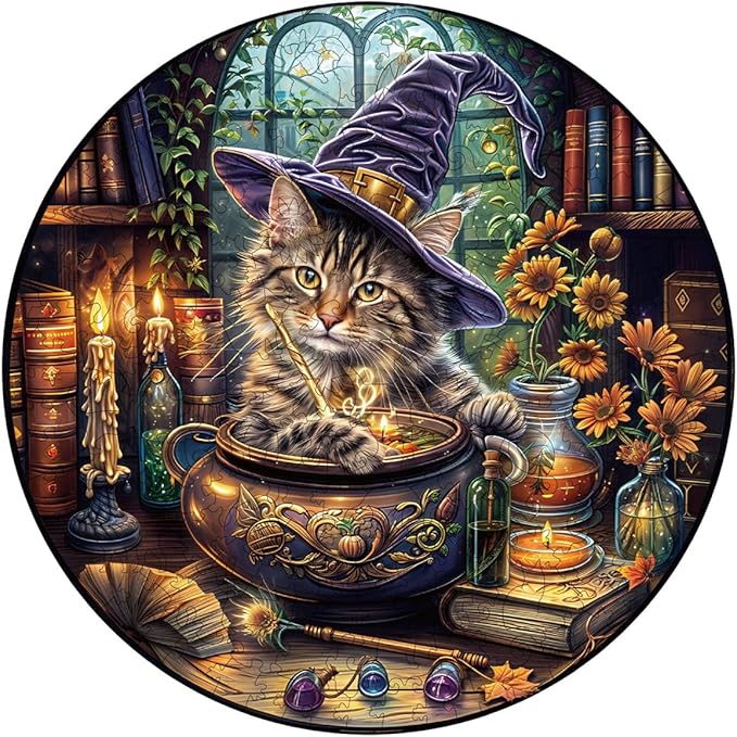 KAAYEE Wooden Puzzles for Adults, 3D Visual Effect Magic Feline Cat Wooden Jigsaw Puzzle Unique Shape Wood Puzzle Adult, 3D Effect Flat Puzzle Birthday Family Game (L-13.4 * 13.4 in-280pcs)