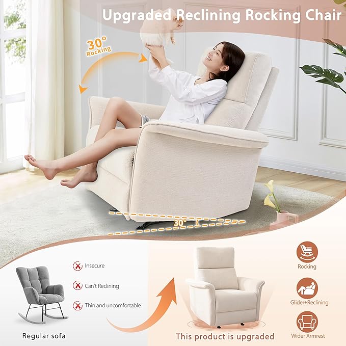 Manual Rocker Recliner Chair with Glider Motion for Nursery, 160° Recline & Wide Armrests - Overstuffed Snowflake Fleece Nursery Chair for Small Spaces, Living Room, Bedroom