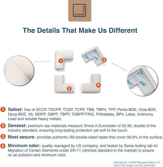 Roving Cove HeftyFit Corner Protector for Baby (4 Large Corners), Heavy-Duty Soft Rubber Foam Furniture Corner Bumper Guards, 3M Adhesive Pre-Taped, Oyster White (Off White)