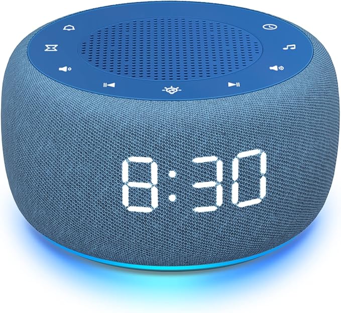 Buffbee Sound Machine & Alarm Clock 2-in-1, 0-100% Clock Face Brightness, Bottom Colored Light, Sleep Timer, Precise 30-Level Volume Control White Noise Machine - Twilight