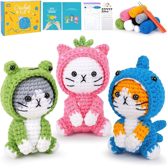 Crochet Kit for Beginners - 3 PCS Crochet Kits with Step-by-Step Video Tutorials, Beginner Crochet Kit for Adults Kid, Crochet Animal Kit for Starters, Cat Dressed as Shark Frog Strawberry