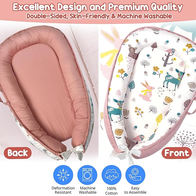 Baby Lounger - Baby Lounger for Newborn 0-24 Months, Breathable, Soft Cotton Baby Nest, Portable Infant Lounger for Home & Travel, Newborn Essentials Gift (Pink Deer)