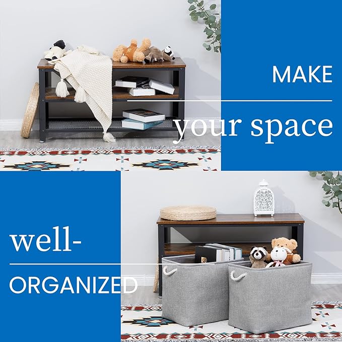 Bidtakay Collapsible Storage Bins for Clothes Large Grey Storage Baskets with Cotton Handles 17x12x15 In Set of 2 Fabric Cubby Storage Bins Livingroom Home Decorative Storage Organizer for Blankets