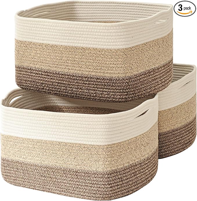 Large Storage Baskets for Organizing Shelves, Woven Cotton Rope Bins for Baby Nursery Organization, Book Toy Towel Organizer, 17"x13"x9.5", 3 Packs, Gradient Brown