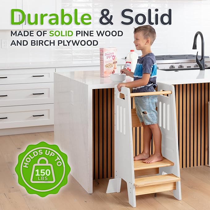 Toddler Tower with a Sliding Door and 3 Adjustable Heights - Complete Toddler Kitchen Stool Helper with Support Feet - Safe Design for 18+ Months to 6-Year-Old Kids - White