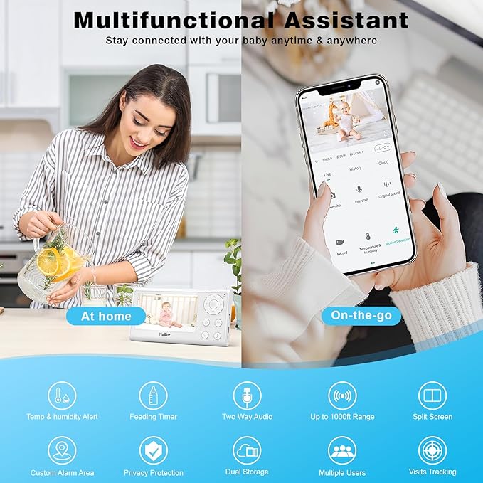 Baby Monitor, 4.3" Video Baby Monitor with 1080P Camera, Smart 2.4G WiFi Audio Monitor with Remote PTZ, Night Vision, 2-Way Talk, Sleep Mode, RGB Night Lights, Lullabies & 1000ft Range, APP Control