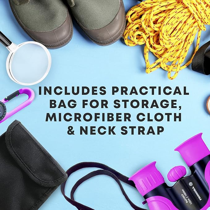 Promora Binoculars for Kids, Set with Magnifying Glass & Compass Purple - Perfect Toy for Little Boys and Girls, Kids Binoculars for 3-12 Years Boys and Girls Present for Toddler