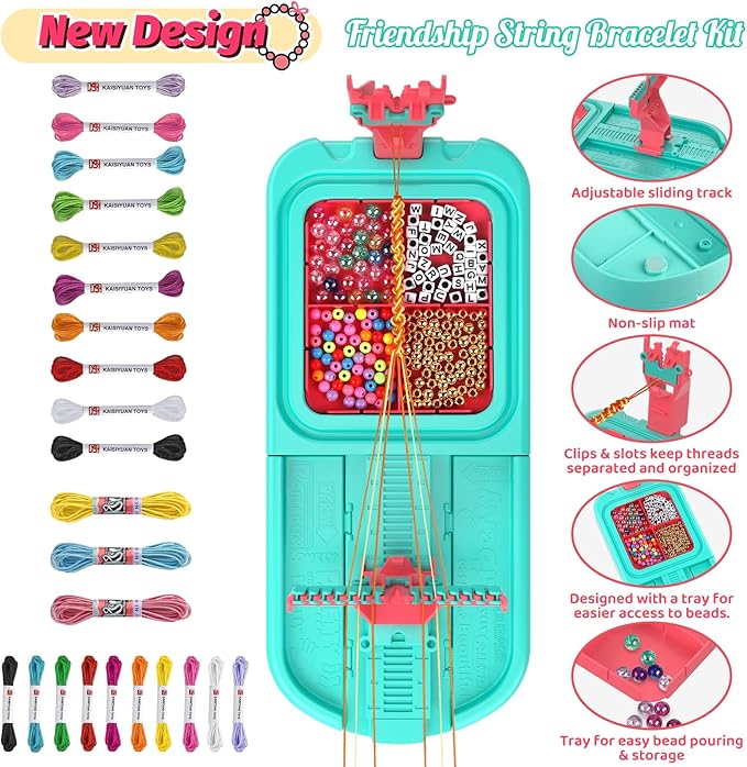 Friendship Bracelet Making Kit, Arts and Crafts Loom Bracelet Maker for Kids, Jewelry String Making supplies with 3 Thread Styles & 6 Bead Types, Christmas Birthday Gifts for Girls Ages 6 7 8 9 10+