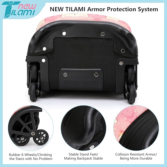NEW TILAMI Girls 18 inch Rolling Backpack - Large Capacity, Waterproof, Adjustable Handle, Stylish Design, Ideal for School & Travel, Starshine