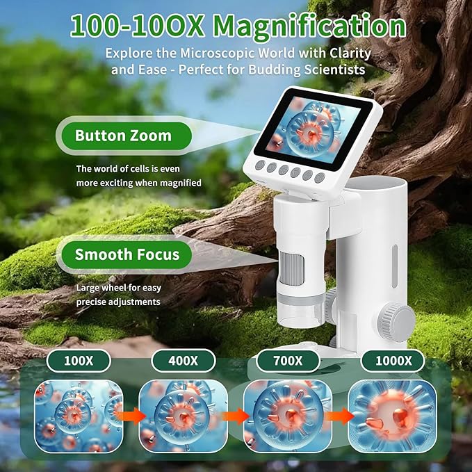 Microscope for Kids with up to 1000X Magnification, 3.5-inch Foldable Color Screen, 2-in-1 USB Microscope with Photo and Video for Classroom Education, Learning and Exploration