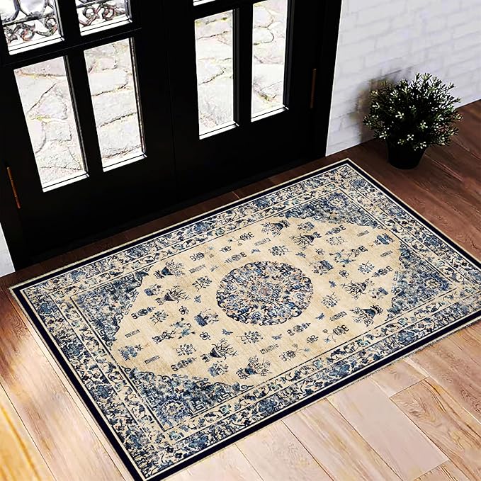 Washable Area Rug 2'x3' Door Mat Vintage Distressed Doormat Indoor Entrance Traditional Thin Rug Floral Print Non Slip Carpet for Kitchen Bathroom Bedroom Living Room