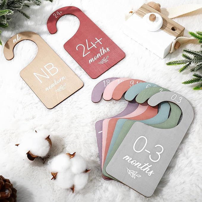 Whaline 8Pcs Baby Closet Dividers Boho Design Hanging Wooden Colorful Babys Closet Size Hanger Organizer Double-Sided Newborn to 24 Months Thicken Baby Wardrobe Organizer