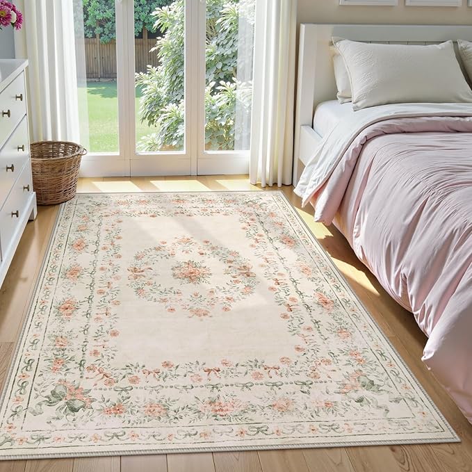 Wonnitar Floral Bow Washable Area Rug 5x7, Ultra-Thin Beige Rugs for Bedroom, Boho Non Shedding Neutral Soft Carpet for Nursey Kids Room Dorm Living Room, Beige
