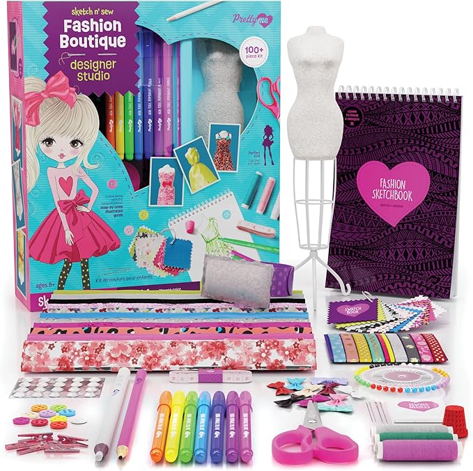 Pretty Me Fashion Design Studio - Sewing Kit for Kids - Designer Dress Girls Arts Crafts Kits Ages 8, 9, 10, 11, 12 Age - Sketch, Sew, Style - Kid Art Projects Gift - Girl Craft Activities Gifts