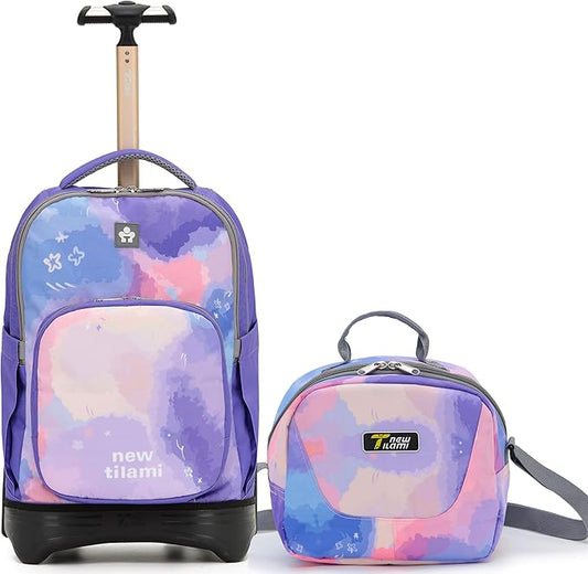 NEW TILAMI 18 inch Rolling Backpack Boys & Girls for School – Durable, Waterproof, Adjustable Handle, Ideal for Travel & Daily Use, Purple Sky