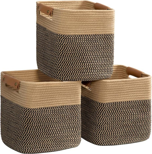 danpinera 3-Pack Cotton Rope Baskets for Storage, 11"x11" Cube Storage Cubes Store Toys, Towel, Snack, Storage Bins with Reinforced Stitching & Practical Handles, Black & Brown